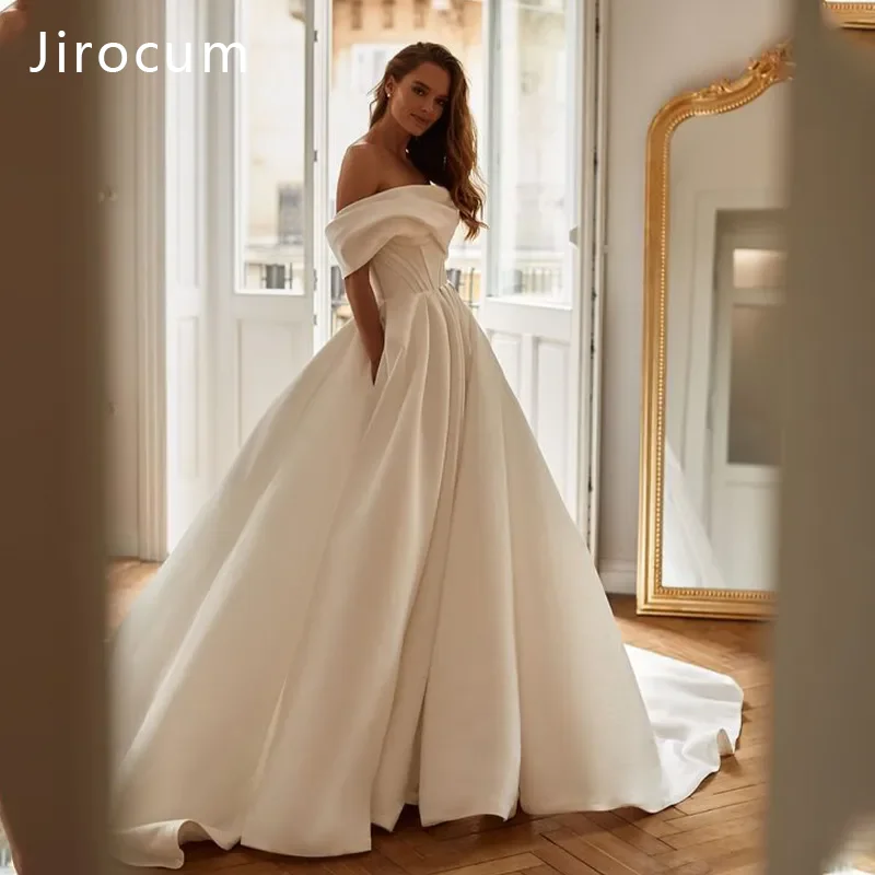 

Jirocum Elegant Satin Wedding Dress With One Shoulder And Back Straps Bridal Gowns With A Floor Length Tail That Looks Slimmer