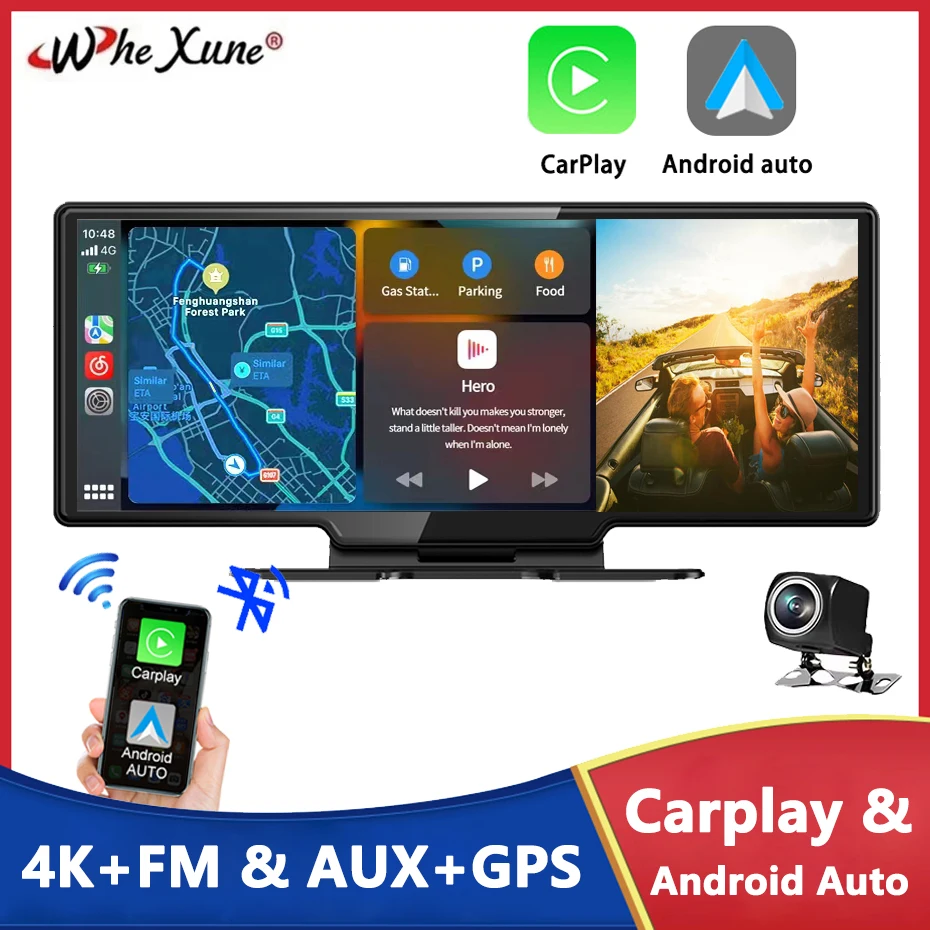 

Dash Cam Rearview Camera Wifi Carplay & Android Auto 4K DVR GPS Navigation Video Recorder Dashboard Dual Lens 24 Hours Park AUX