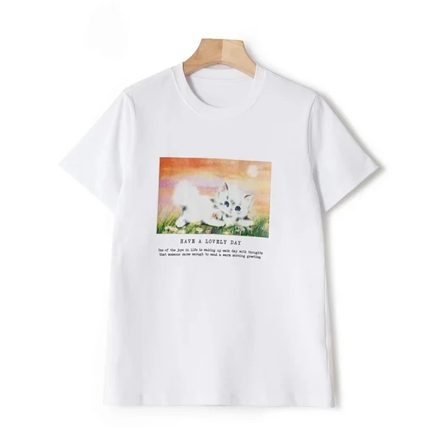 

White or Black Cotton Women T-shirt Funny Cat Poster Print Simple Top Short Sleeve Ladies Tshirt 2022 Summer