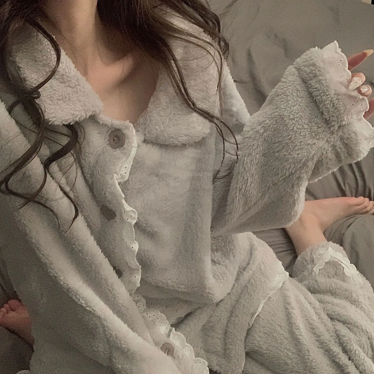Pajamas Female Winter Ins Net Red Sweet Cardigan Lace Thickened Facecloth Girl Pajama Sets Night Gown Sleep Tops Sleepwear Women