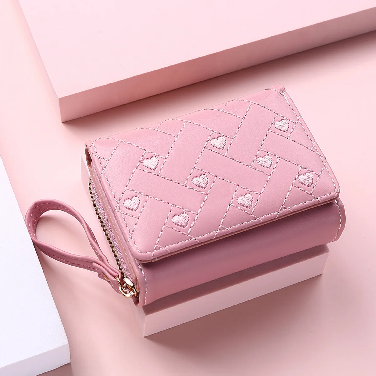 

Women Wallet Fashion Embroidered Heart Zero Wallet Women's Three Fold Card Bag PU Leather Multi-card Wallet Wallet Coin Purse