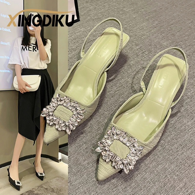 

Designer Sandals Women's Summer New Square Buckle Beaded Fashion Pointed Toe Stiletto Sandals Back Strap High Heels Ladies