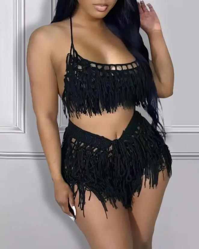 

2023 Summer New Fashion Casual Sexy Women's Sets Outfit Spaghetti Strap Crop Crochet Top & Tassel Design Shorts Two Piece Sets