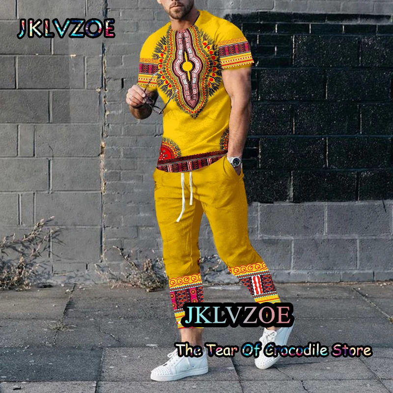 

2023 Summer African totem Men T shirt Shorts 2 Piece Sets Tracksuit Men's Hip Hop Oversized Clothes Retro Streetwear O-Neck Suit