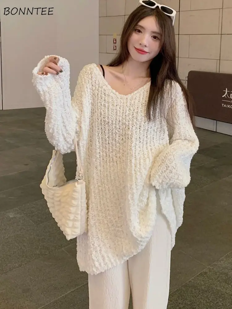 

Pullovers Women Loose Medium-long Solid Sweaters Sexy Hotsweet Girls Chic Ins Korean Vintage Simple Fashion Autumn New Clothes