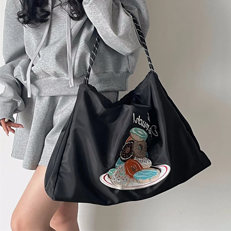 

Холщовая Сумка на плечо с вышивкой, повседневные дамские сумочки для девушек и студентов, вместительный тоут для книг, многоразовая дамская...