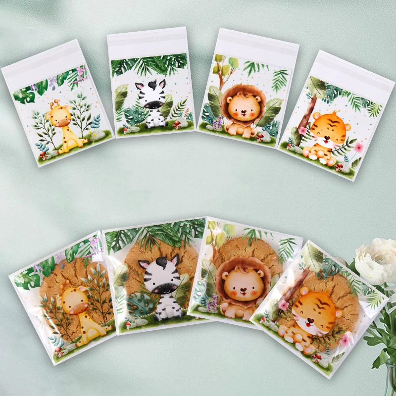 100 шт. самозапечатывающиеся животные джунглей мешки для печенья конфет Wild One Safari
