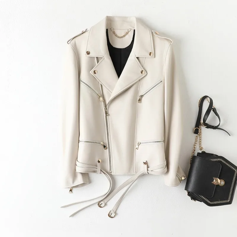 

2023 autumn new women's genuine leather jacket,outerwear with waistband and slimming sheepskin motorcycle clothing