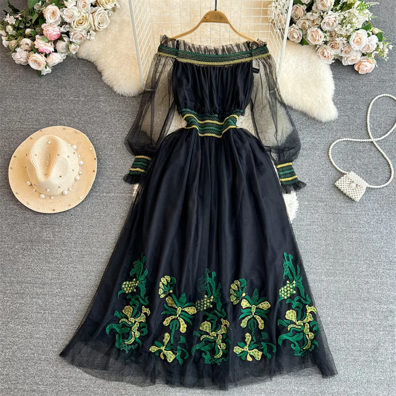 

Spring Women Mid-Length Flower Embroidery Black Dress Off Shoulder Long Sleeves High Waist Ladies Midi Dresses Elegant Vestidos