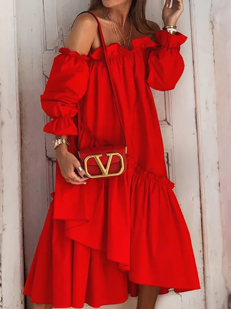 

Elegant Beach Style Off Shoulder Ruffle Long Dress Women Autumn Long Sleeve Solid Party Dress Sexy Lady Slash Neck Dress Vestido