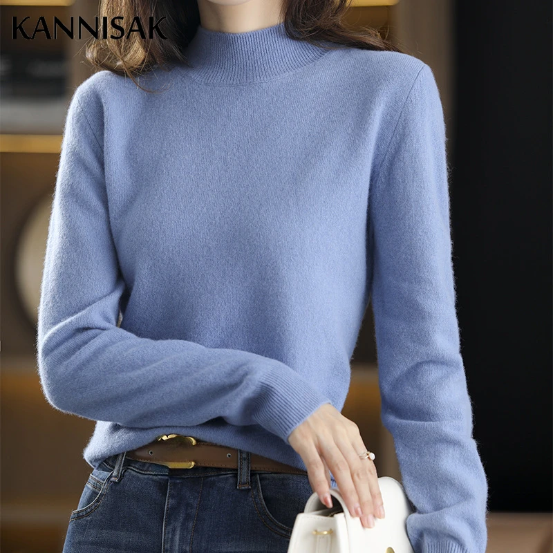Casual Women Sweater Autumn Winter Warm Slim Fit Bottoming Shirt Mock Neck Green Camel Loose Korean Knitwear Pullover Jumpers