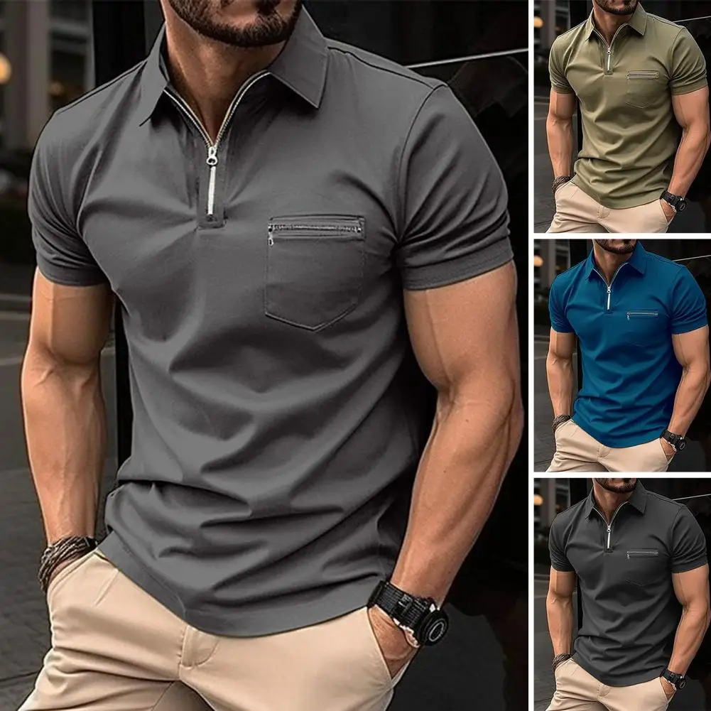 

Мужская летняя рубашка-поло с коротким рукавом и отворотом, однотонный пуловер на молнии с воротником, мягкий Повседневный дышащий Тонкий Мужской Топ