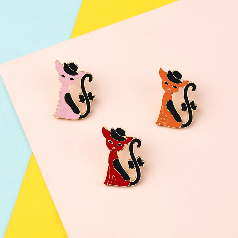 Красный Черный Мультфильм Кошка Женщины Броши Милая Шляпа Галстук-Бабочку