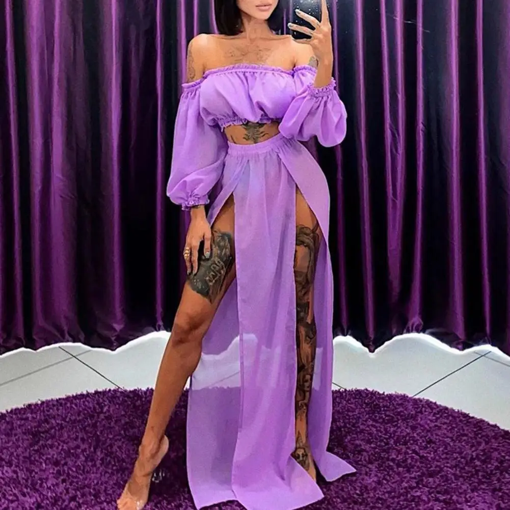 

Soft 2Pcs/Set Wearable Ladies Tops Skirt Two-piece Set Beach Outfits Tube Top Women Suit Long Sleeve Women Clothes