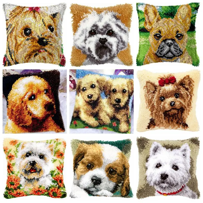 

Latch Hook Cushion With Pre-Printed Pattern Crafts for Adults Knot Set Pillow Cross Stitch Kit Animal Dog Hobby And Needlework