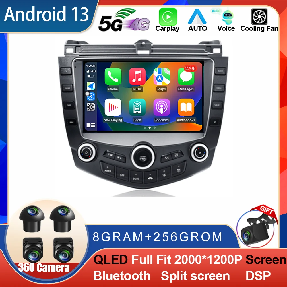 Автомобильный радиоприемник Android 14 для Honda Accord 7 2003–2007 Мультимедийный плеер 4G WIFI
