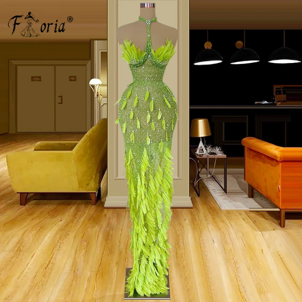 

Sexy Halter Neck Green Evening Dresses Fethers Crystal Beadings Mermaid Celebrity Party Dress Sleeveless Floor Length Prom Gowns