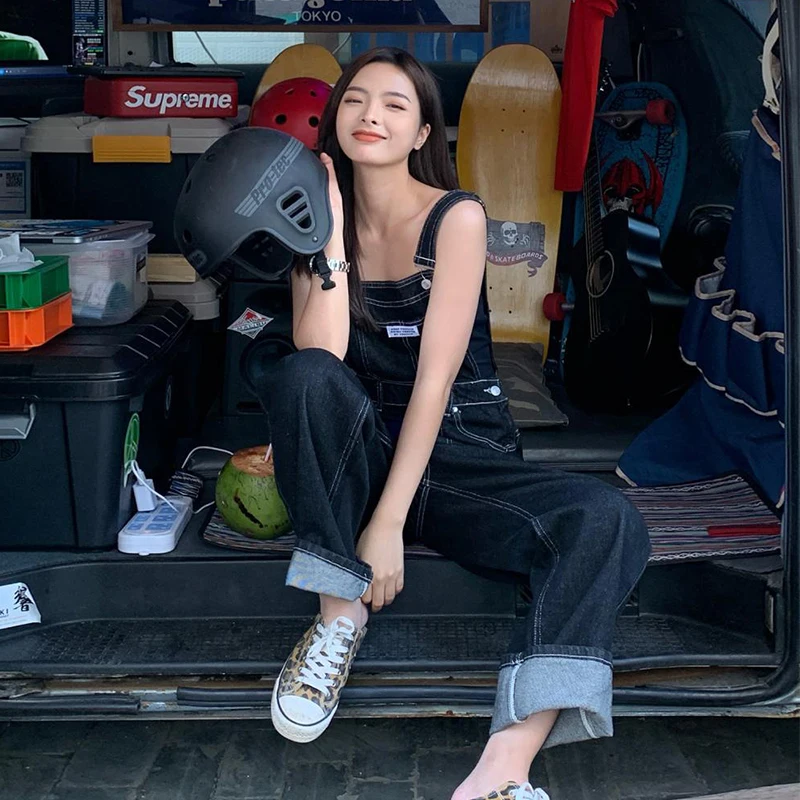 Spring Women Denim Overalls Black Straight Wide Leg Jumpsuits 2023 Korean Streetwear Loose High Waist Summer Woman Thin Jumpsuit
