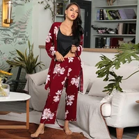 pajamas for women home house suit red black casual pijama loungewear female 3 piece sets with long pants flora sleep s m l xl