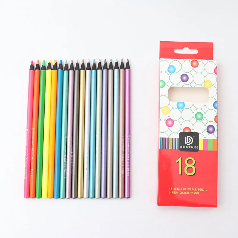 

12 Metallic Colors + 6 Fluorescent Colors Colored Pencils Professional Drawing Painting Sketch Pencil Art Stationery Supplies