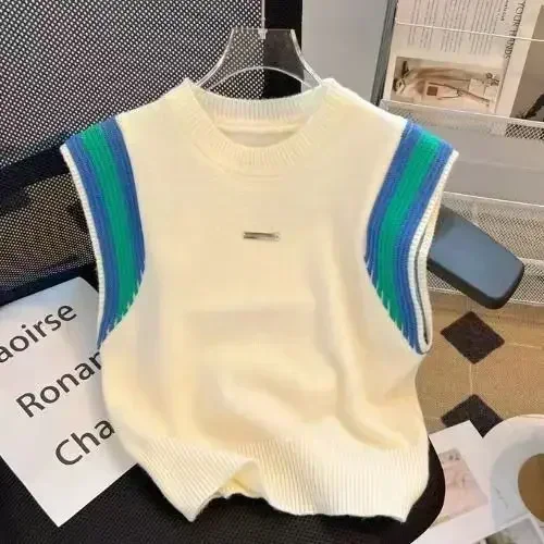 2024 женская летняя новая вязаная цветная контрастная лоскутная трикотажная