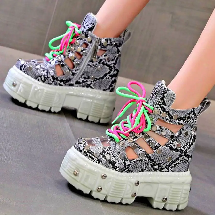 Thick Sole Height Increasing Platform Pumps Women's Snake Pattern Cow Leather Ankle Boots Sandals Wedge High Heels Party Shoe