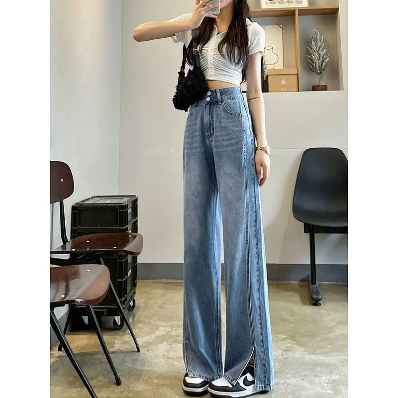 High Waist Slim All-Matching Straight Fashion Split Jeans Women 2022 Summer Thin Loose Wide Leg Pants Mop Denim Pants Women