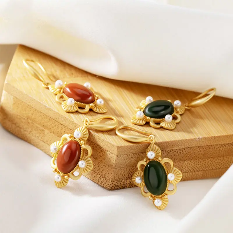 

Natural Stone Red Earrings Women's S925 Sterling Silver Golden Eardrops Inlaid Pearl Grace Eardrops Gift