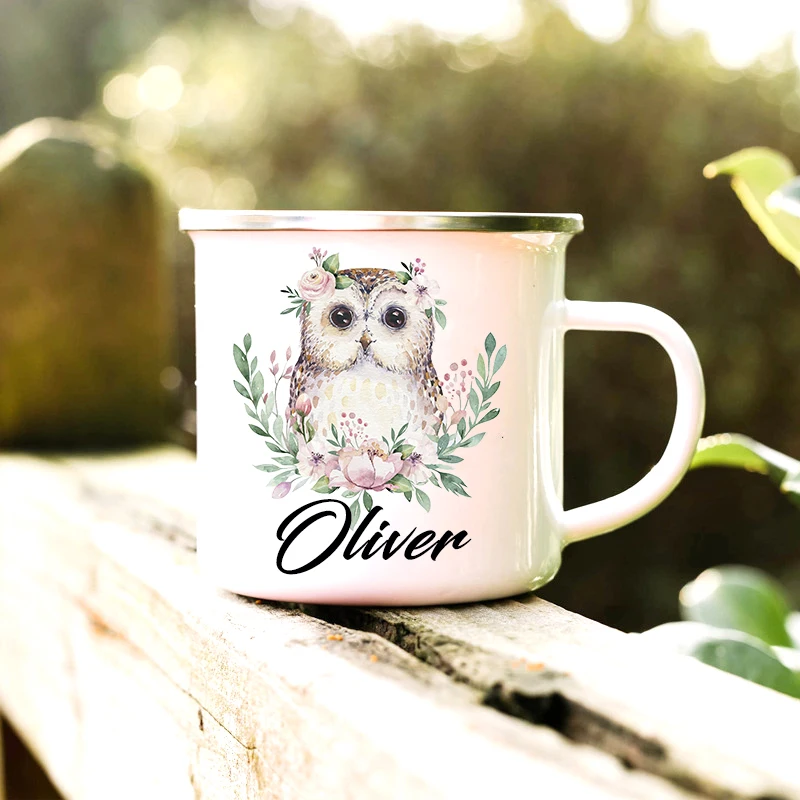 

Кофейная чашка с персонализированной совой и животным принтом для женщин, Подарочная эмалированная Кружка на заказ для кемпинга, милый олень, Тигр с именем, эмалированные подарки для детей