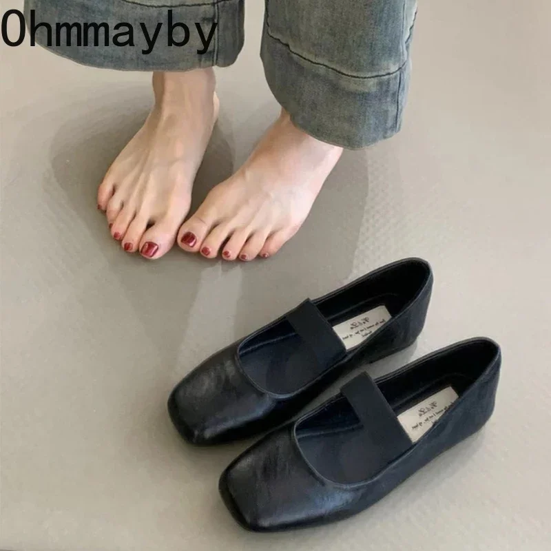 Женские балетки с квадратным носком модные на мелкой резинке весенне-осенние