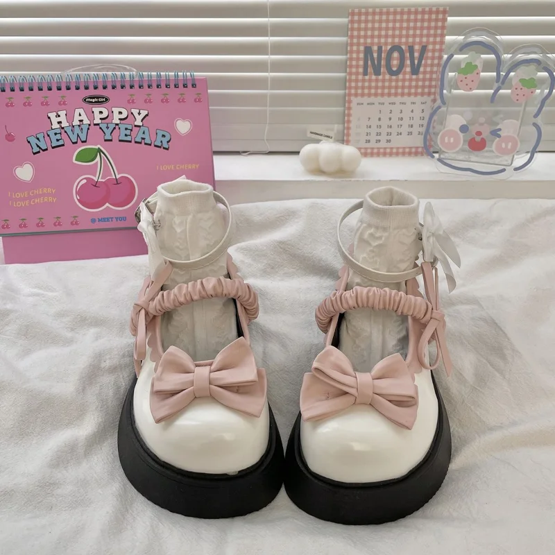 SHANPA Original Pink Bow Mary Janes Cute Lolita Shoes for Women New In 2023 All-match Leisure Student Shoes Zapatillas Mujer