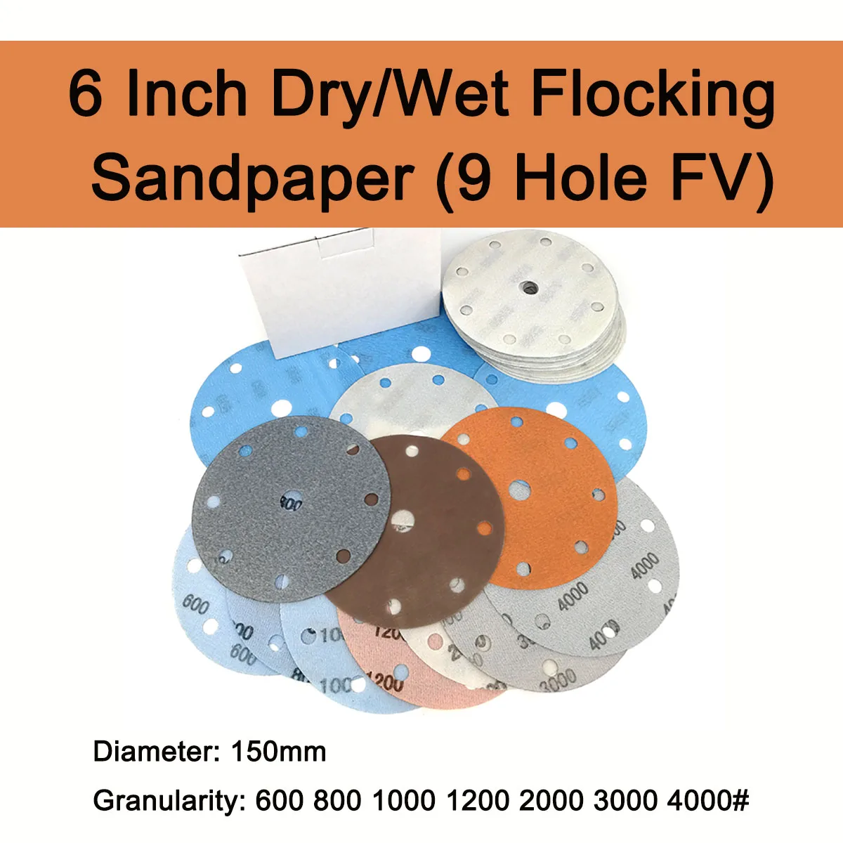 

1Pc Size 6 Inch, Diameter 150mm Dry/Wet Flocking Sandpaper (9 Hole FV) Granularity 600-4000# for Polishing of Car Paint Surfaces