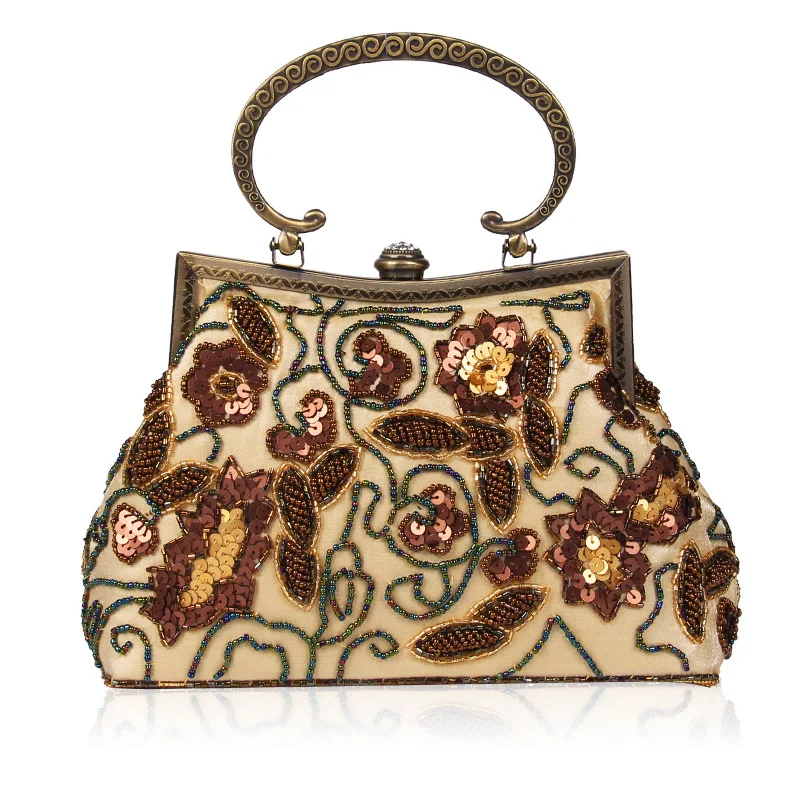 Retro Ethnic Style Women Clutch Evening Bag Fashion Floral Beaded Sequin Lady Clutches Metal Chain Party Shoulder Messenger Bags