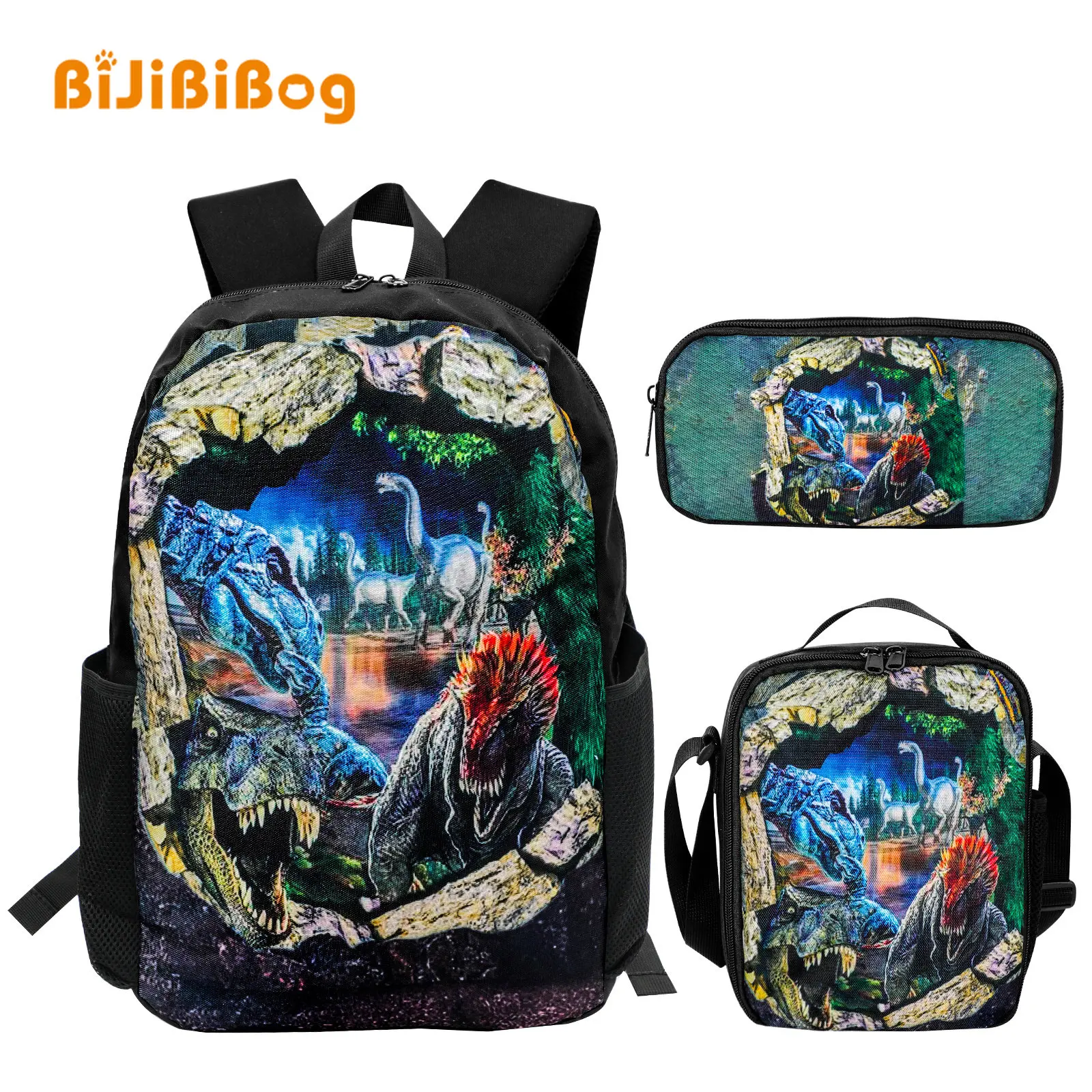 3 Pcs School Bag Set with Thermal Insulated Lunch Bag Pencil Bag Dinosaur Printed Boys Backpacks