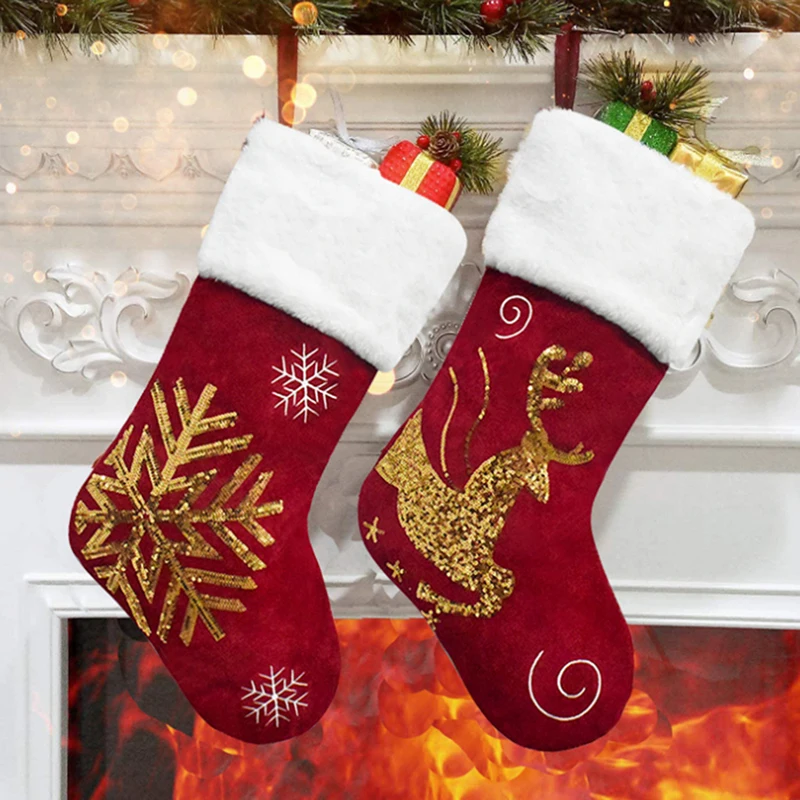 

Красные рождественские носки с золотой вышивкой, подарочный пакет, лось, снежинка, фланелевые рождественские носки, подарки, подвесные Подв...