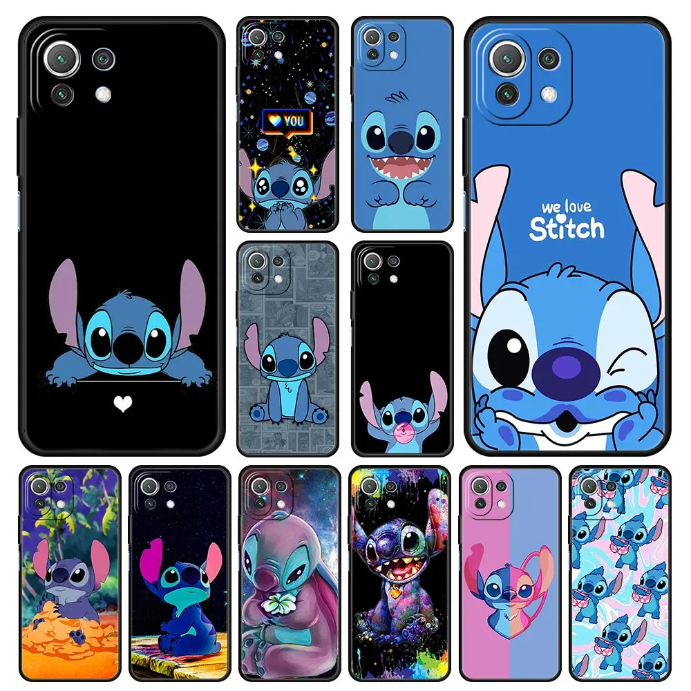 

Cute Lilo Stitch Case for Xiaomi Mi 11 11T 10T Pro 9T Note 10 Lite Black Soft Cover Bag Siliocne Fashion Coque Shell