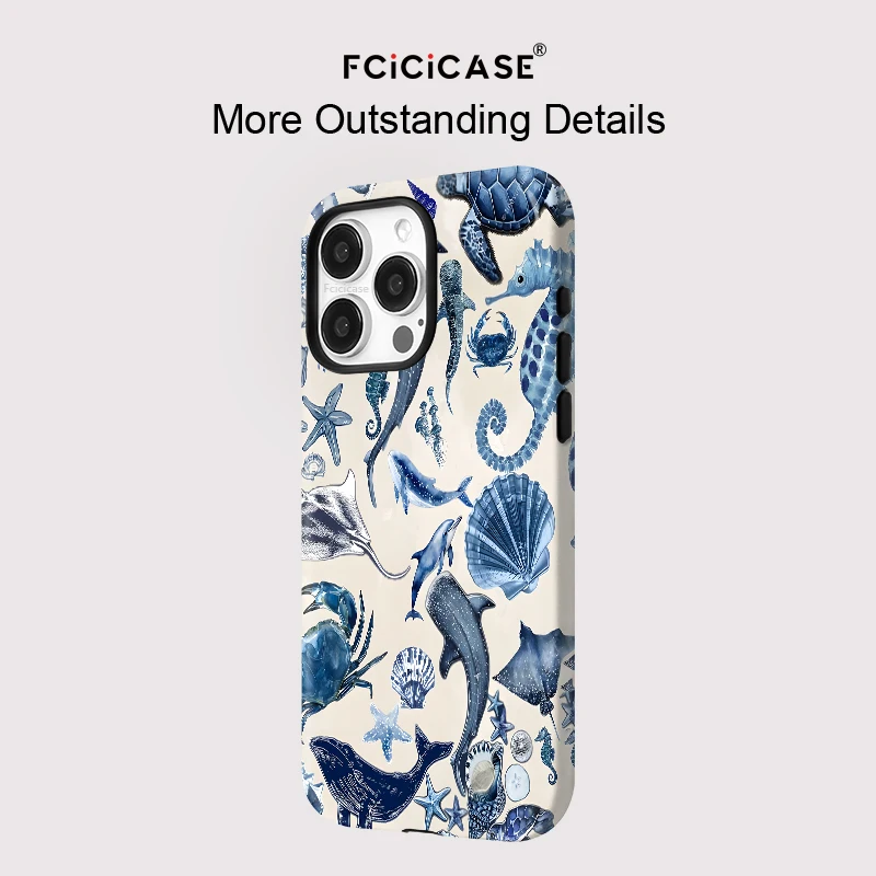 Фото Матовый чехол Fcicicase для iPhone 17, 16, 15 Pro Max, 14 Plus, 12, 13, 11 Air, совместимый с MagSafe, 2-в-1, магнитный, с изображением акулы и морских животных №5