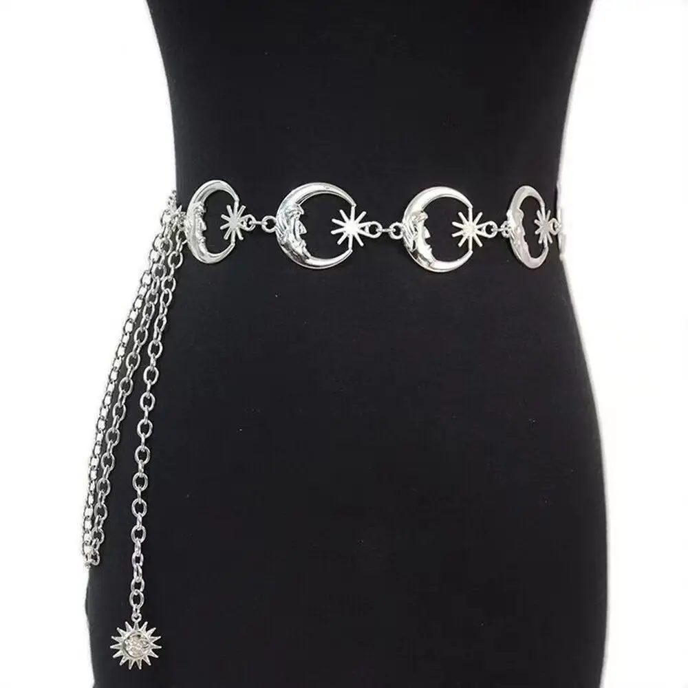Golden Chain Belts For Women Moon Star Sun Waist Chain Boho Metal Slivertone Adjustable Heart Link Body Chains for Jeans Dresses