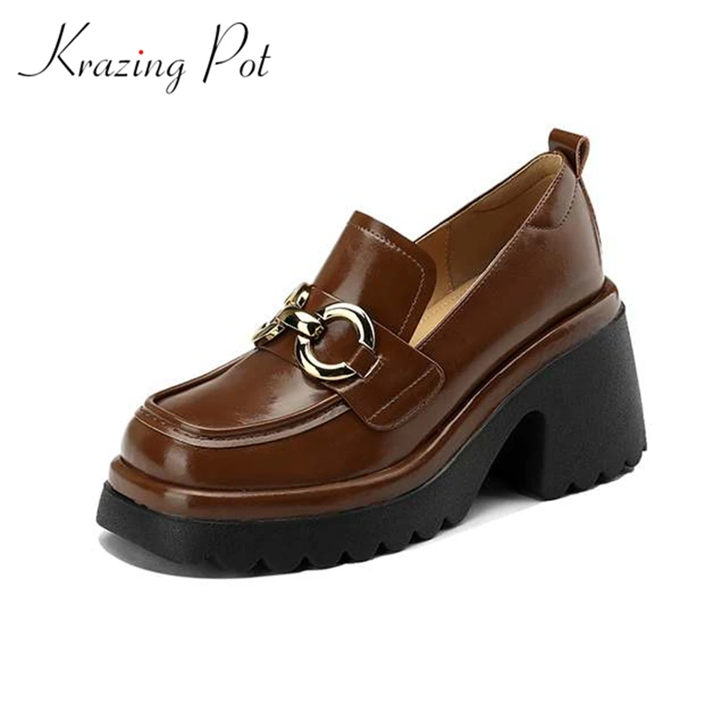 

Krazing Pot Genuine Leather Fashion Waterproof Autumn Round Toe Solid Color Thick High Heels Metal Fasteners Brand Women Pumps