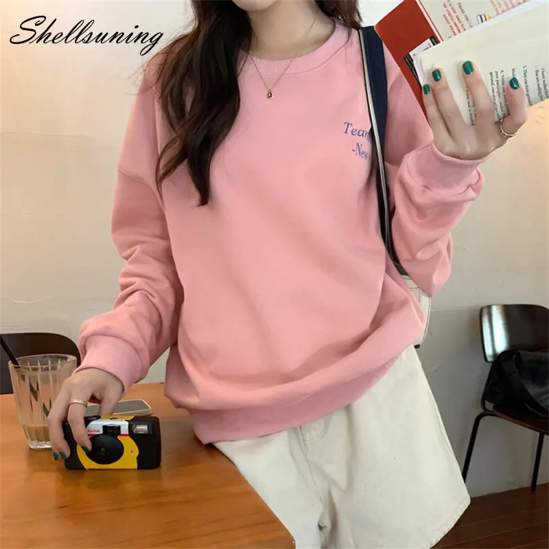 

Shellsuning Autumn New Loose Printed O-neck Sweatshirt Women Casual Commute All-match Hoodies Female Simple Long Sleeve Jumpers