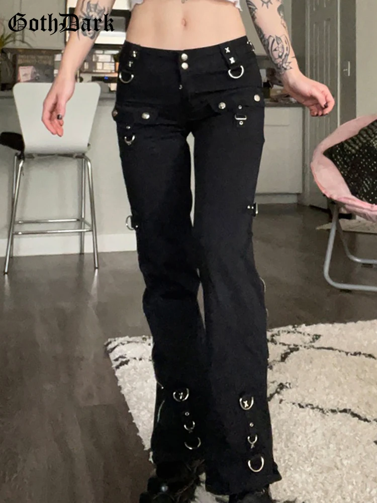 

Goth Dark панк Y2k гранж низкая талия эмо джинсы Mall готические женские черные Лоскутные Электро брюки Модная уличная одежда Alt