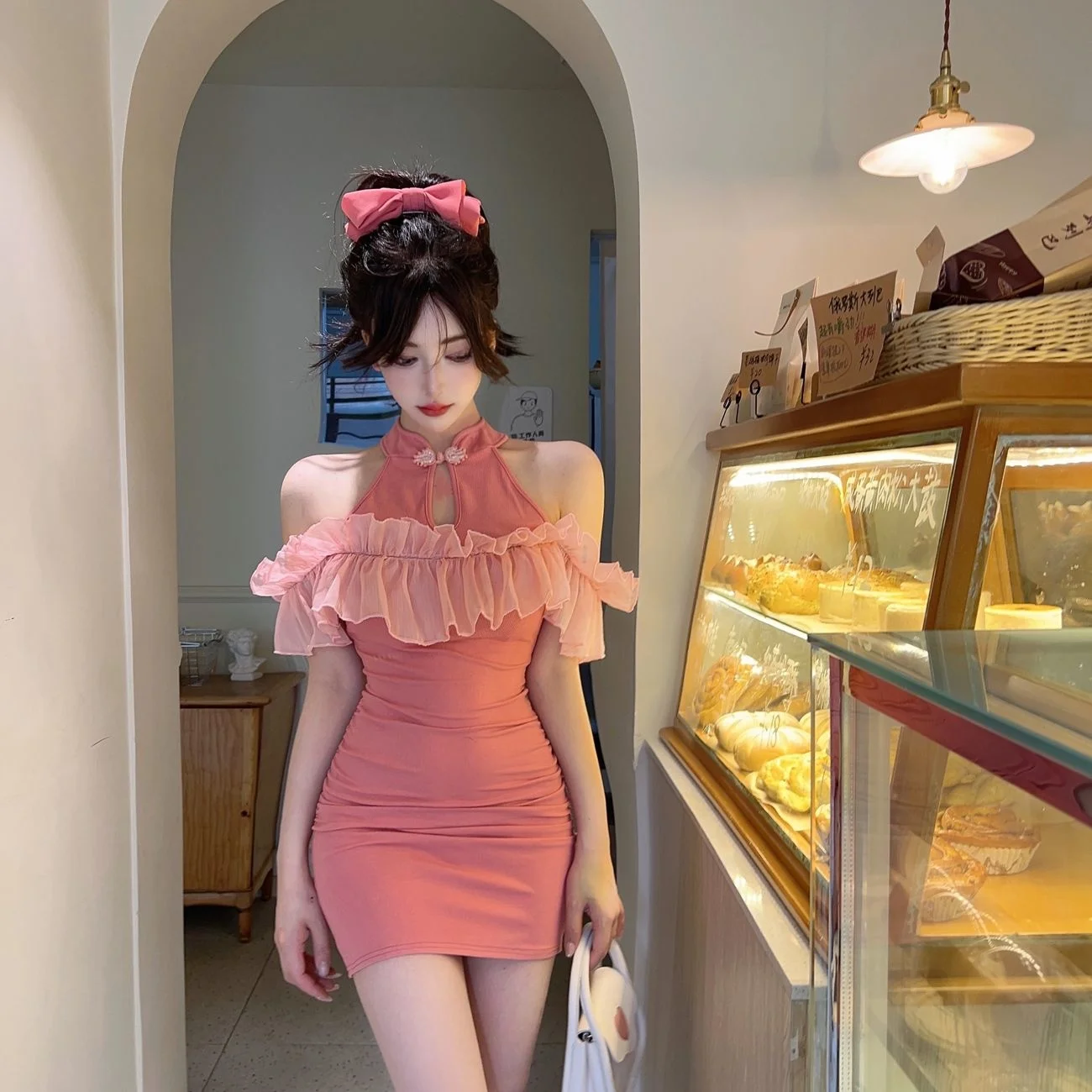

Vintage Summer New Improvement Elegance Off Shoulder Ruffle Edge Sleeveless Wrapped Hip Mini Dresses Girl A-line