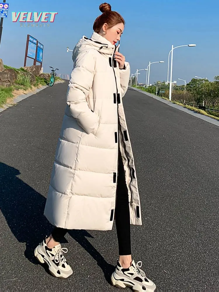 VelvetElement Parka Coat Extra Long Winter Jacket Women Hooded Pocket Zipper Female Lady Windbreaker Coat Casual Outwear Clothes
