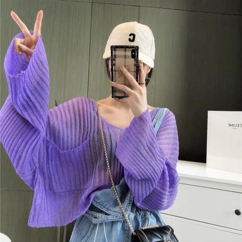 

Summer Thin Ice Silk Sunscreen Shirt V-neck Long Sleeve Hollow Pullover Knitted Air Conditioning Shirt Women's New Loose Top