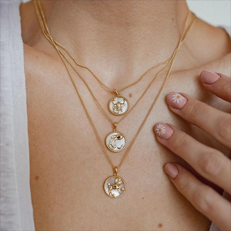 

Minar Wholesale 12 Constellation Pendant Necklace for Women 14K Gold Plated Brass Natural Shell Round Coin Chokers Necklaces