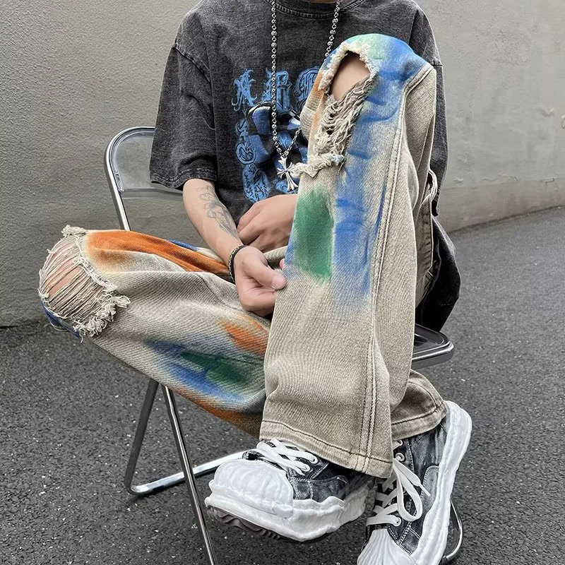 DEEPTOWN Ripped Graffiti Jeans Men Hole Straight Denim Pants Loose Streetwear Trousers Male Casual Fashion Punk Hip Hop Spring