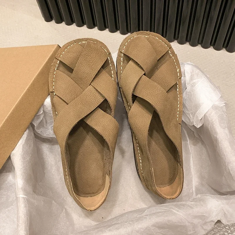 2024 кожаные женские сандалии верхний слой из воловьей кожи тканые повседневные