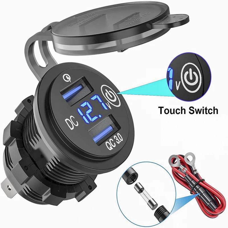 

QC3.0 36W USB Quick Charger Car Motorcycle Dual Auto USB Charger Socket LED Display with Touch Switch for Truck Boat ATV DVR GPS
