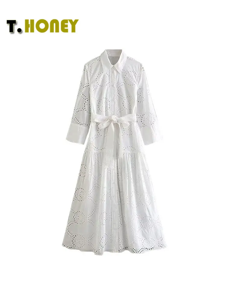 

TELLHONEY Women Fashion With Belt Embroidered Midi Dress Female Casual Long Sleeves Single Breasted Ladies A Line White Dresses