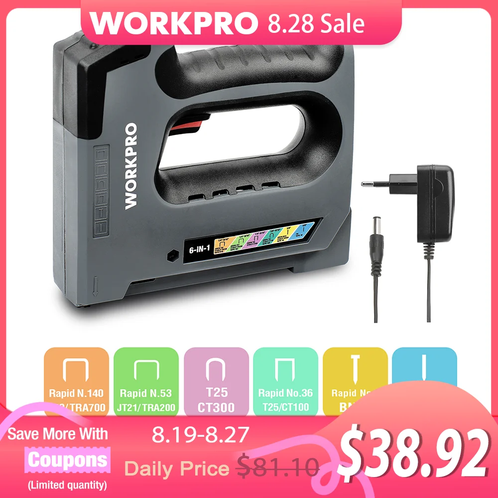 WORKPRO Electric Cordless 6 IN 1 Heavy Duty Staple Gun with 2000pcs Nails & Charger 3.6V Nailer Hand Tool Wood Frame Stapler